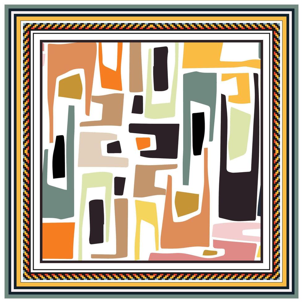 Abstract scarf, geometric square print pattern featuring colorful rectangular shapes on a white background, framed with intricate borders. vector