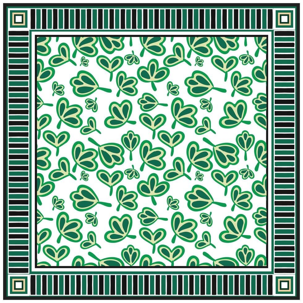 Square print scarf, pattern of green shamrocks on a white background, framed by a decorative black and white border. vector