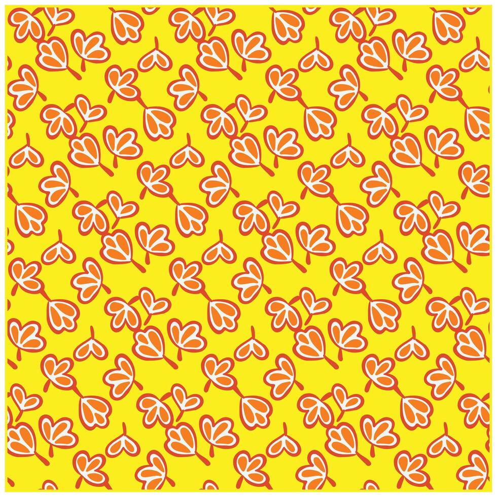 A vibrant yellow background featuring a repeated pattern of stylized orange leaves with white outlines. vector
