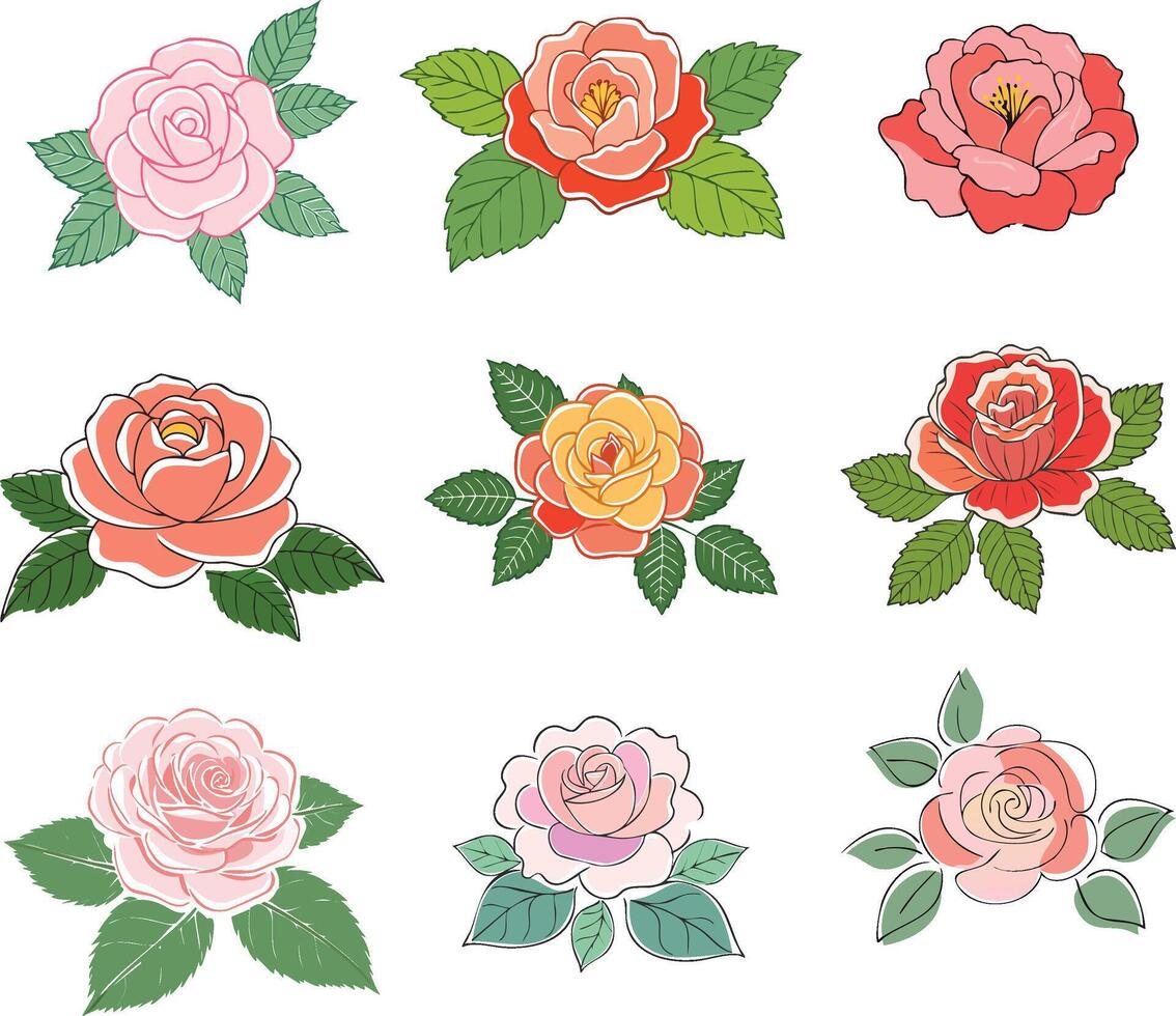 hand drawn rose line art collection vector