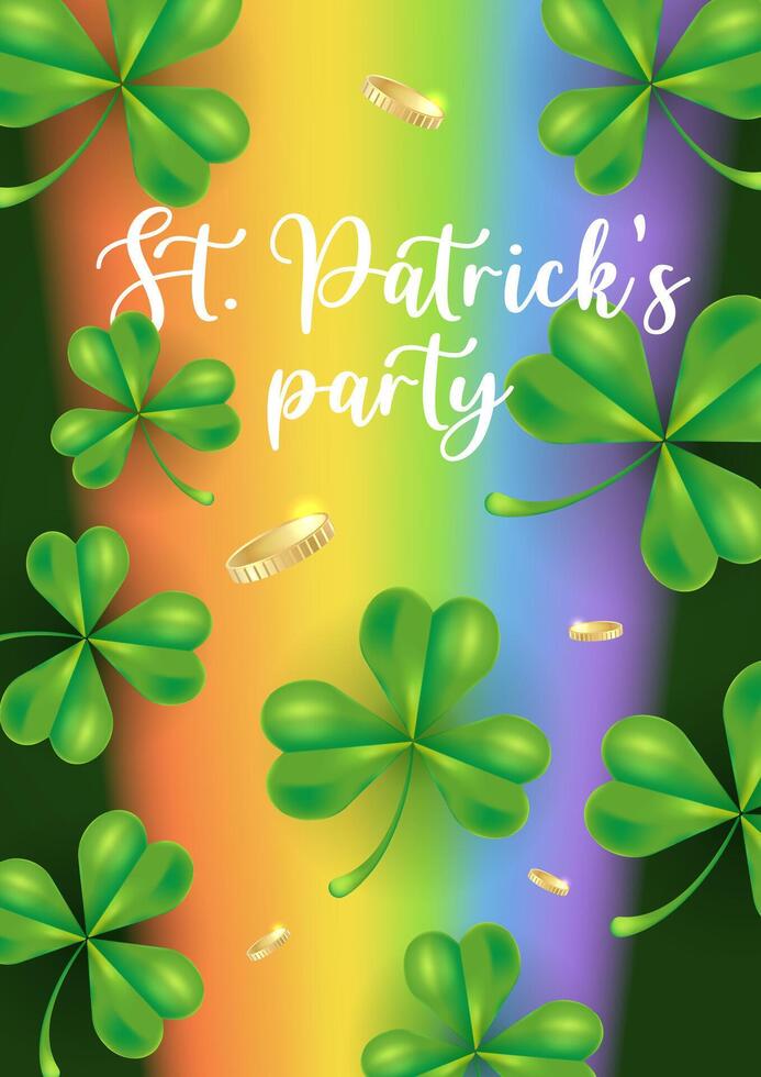 St. Patricks party invitation with leaves shamrock, coins, rainbow. illustration on green background. Poster, flyer, banner concept vector