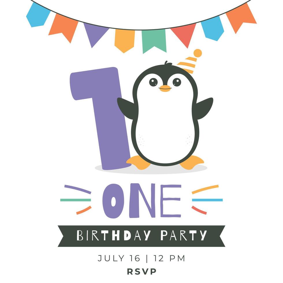Greeting and invitation card for kids Birthday party. Cute baby animal penguin and number 1 in flat childrens style. illustration, design for card, poster, event vector