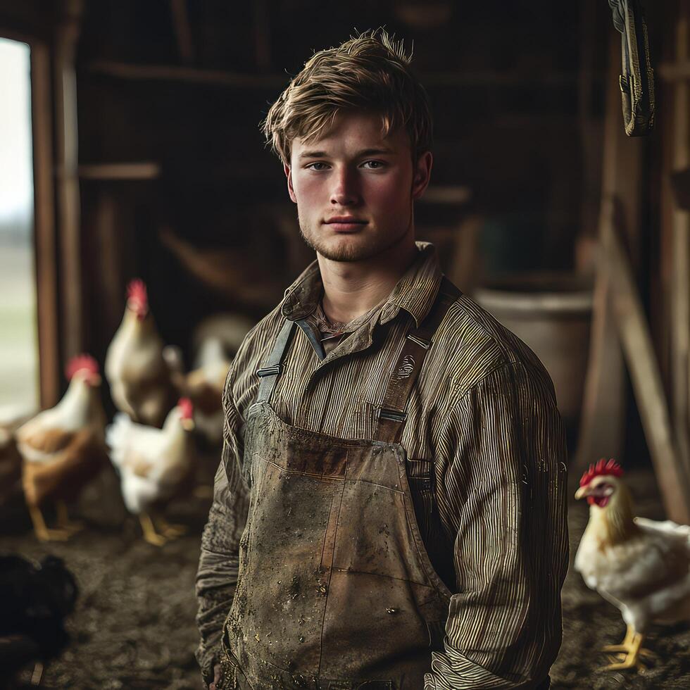 Young man standing in front of chickens in a barn photo