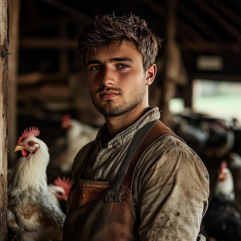 Young man in an old barn with chickens photo