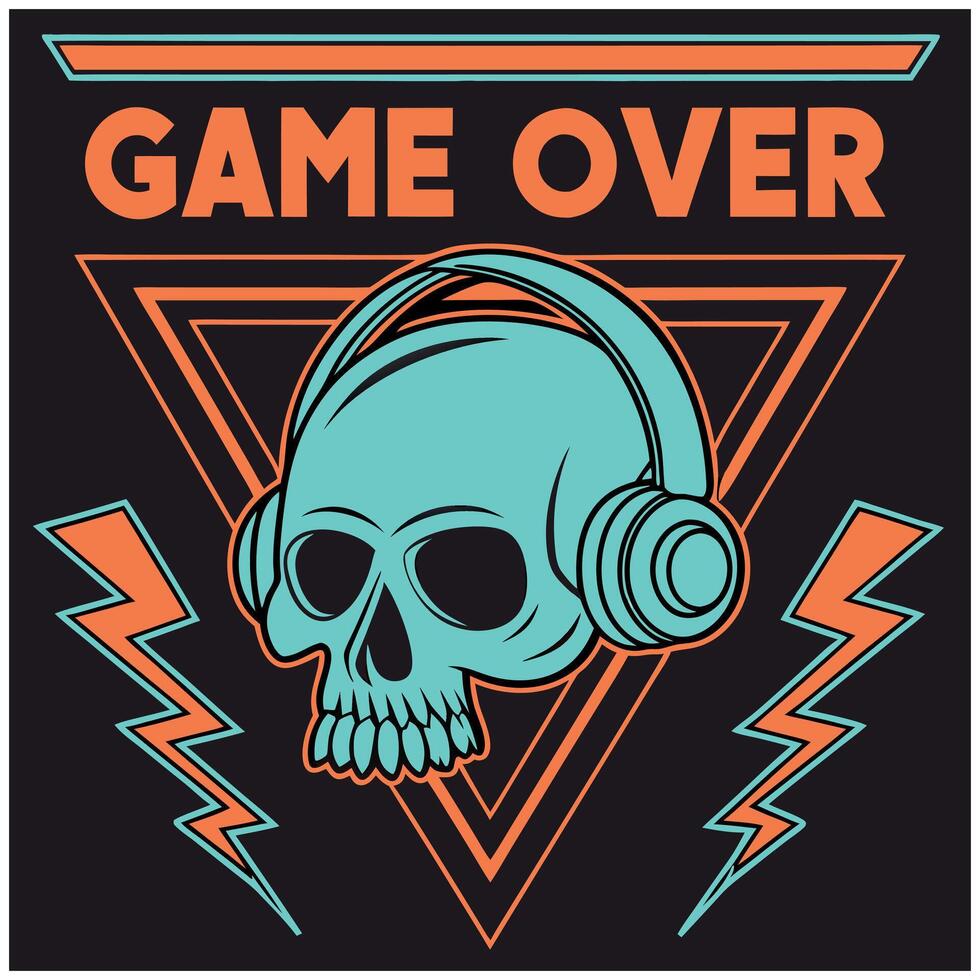 A skull with headphones and the words game over vector