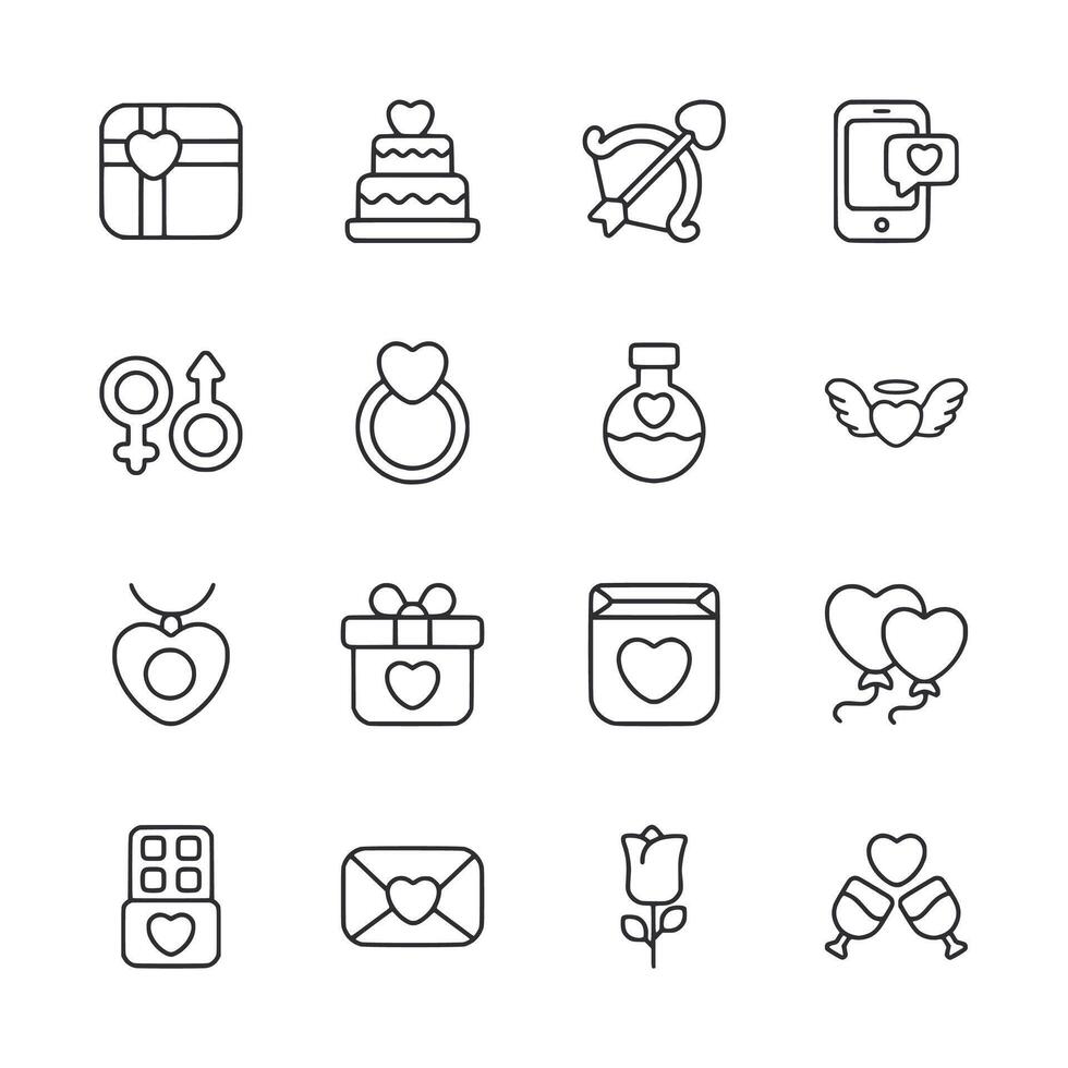 A set of black and white icons for Valentine's Day vector
