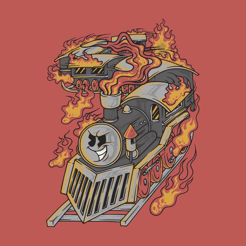 burning train retro cartoon mascot vector