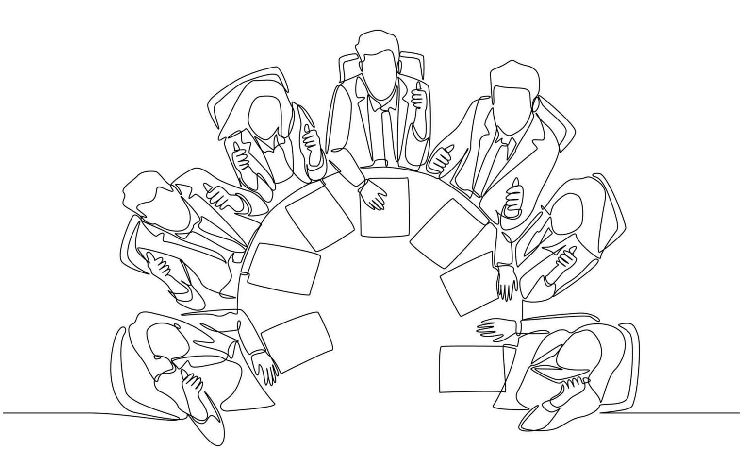 Continuous one line drawing of office workers around round table giving thumbs up, business teamwork concept, single line art vector