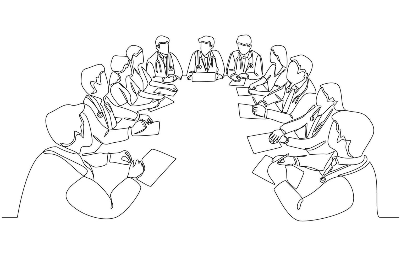 Continuous one line drawing of group of doctors discussing patient cases in conference room, medical professionals meeting concept, single line art vector