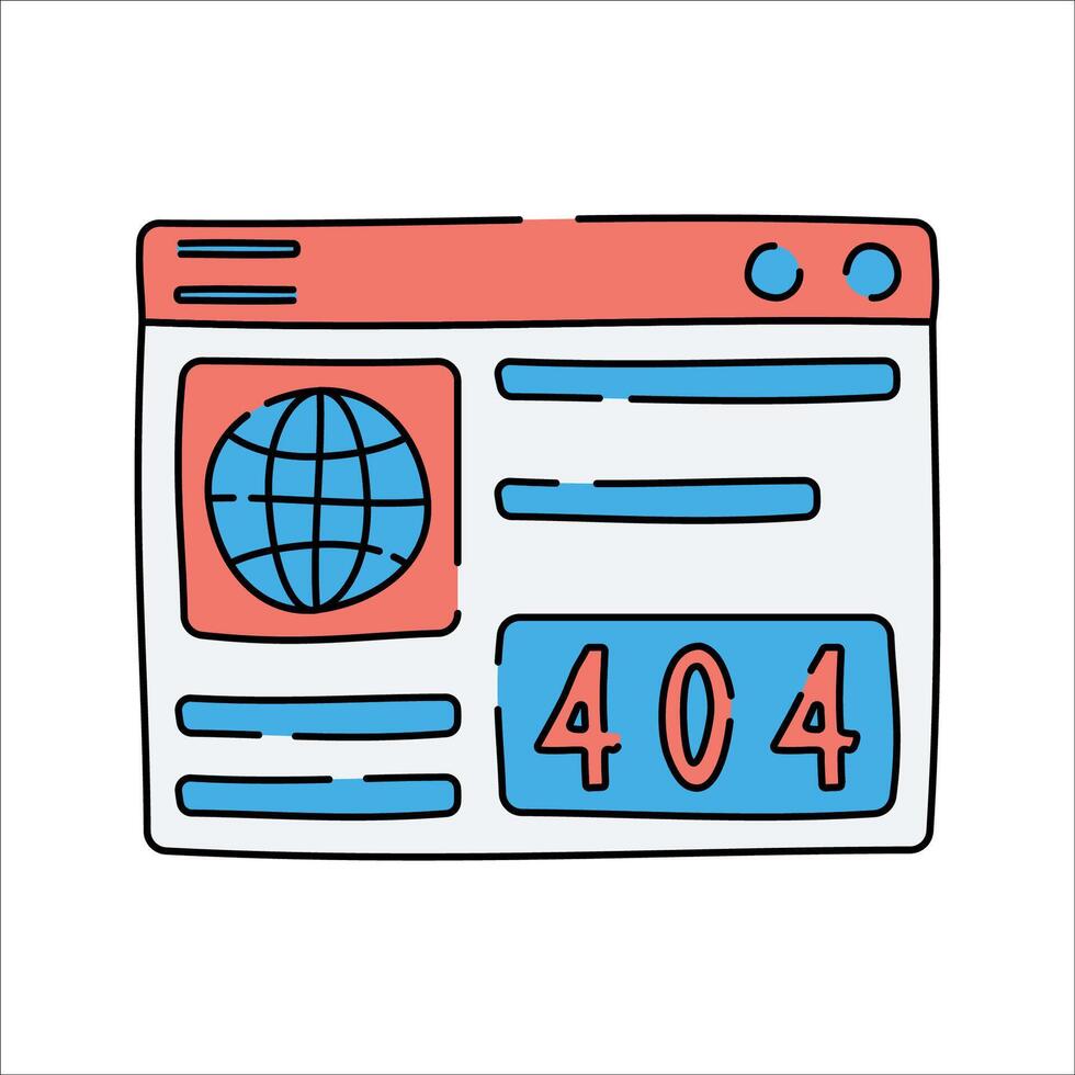 404 Error Page, A browser window displaying 404 indicating a broken or missing web page. vector