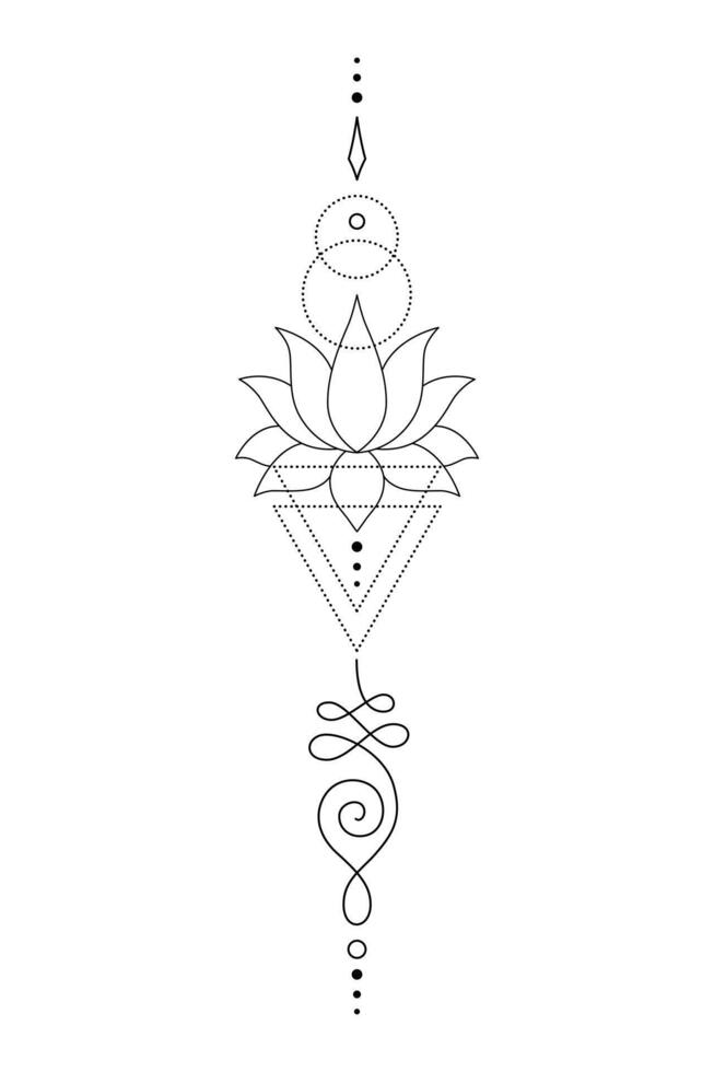 Mystic Lotus Sacred Geometry Unalome Boho Tattoo Design. vector