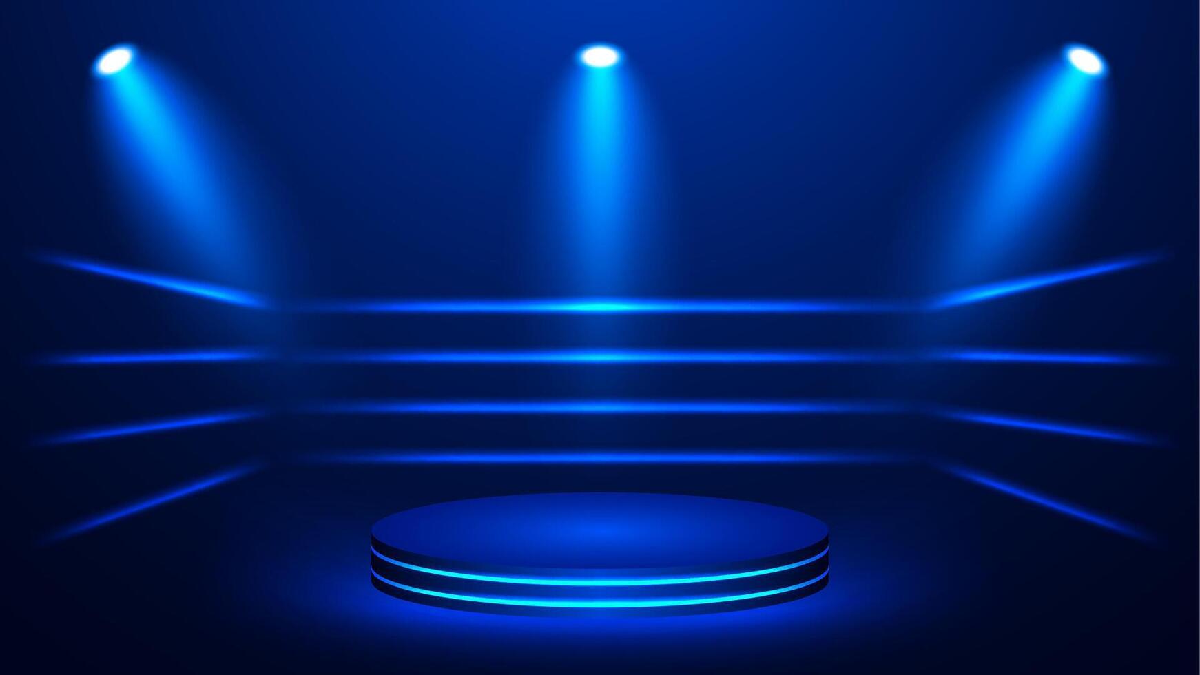 Blue neon boxing ring background with podium neon. design vector
