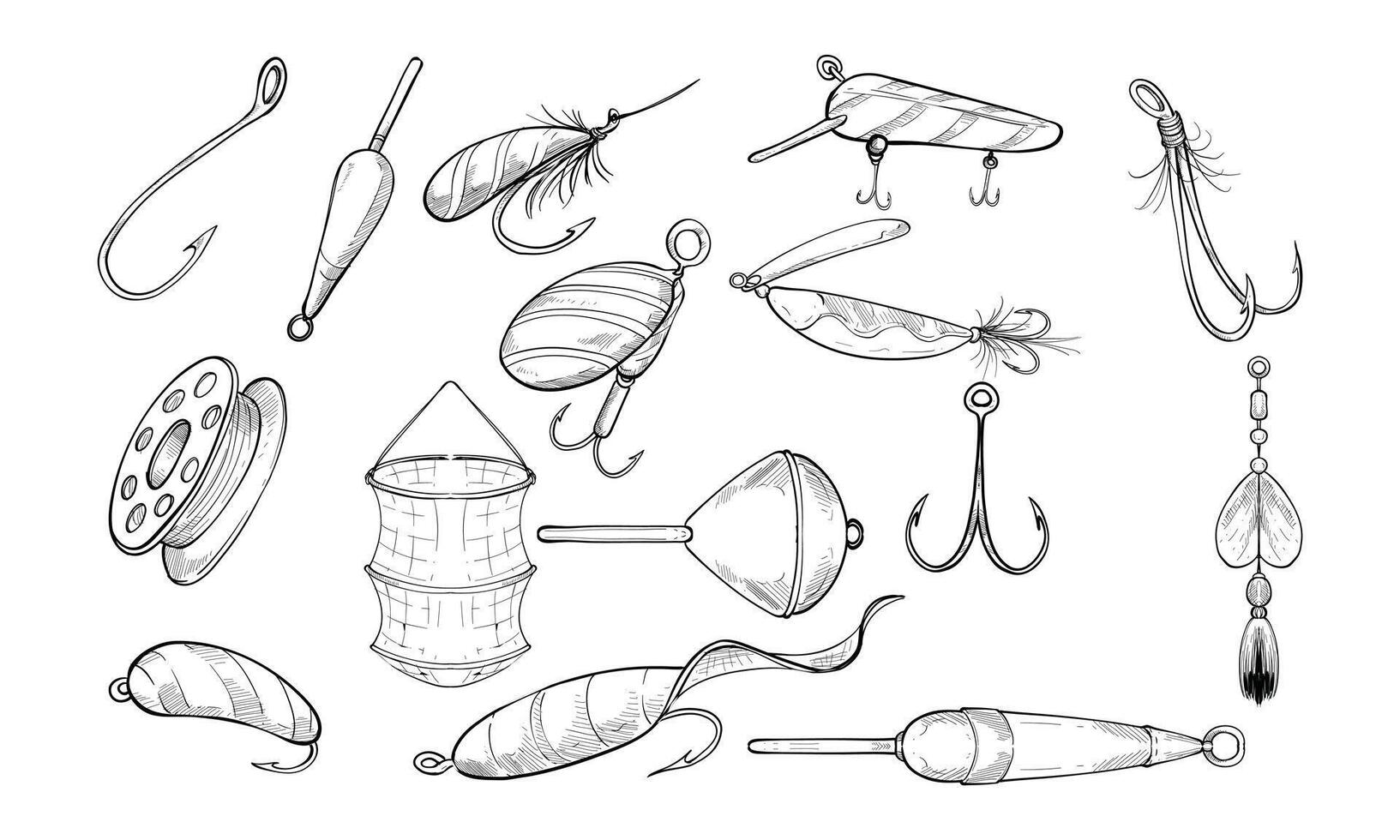 hobby fishing equipment handdrawn collection vector