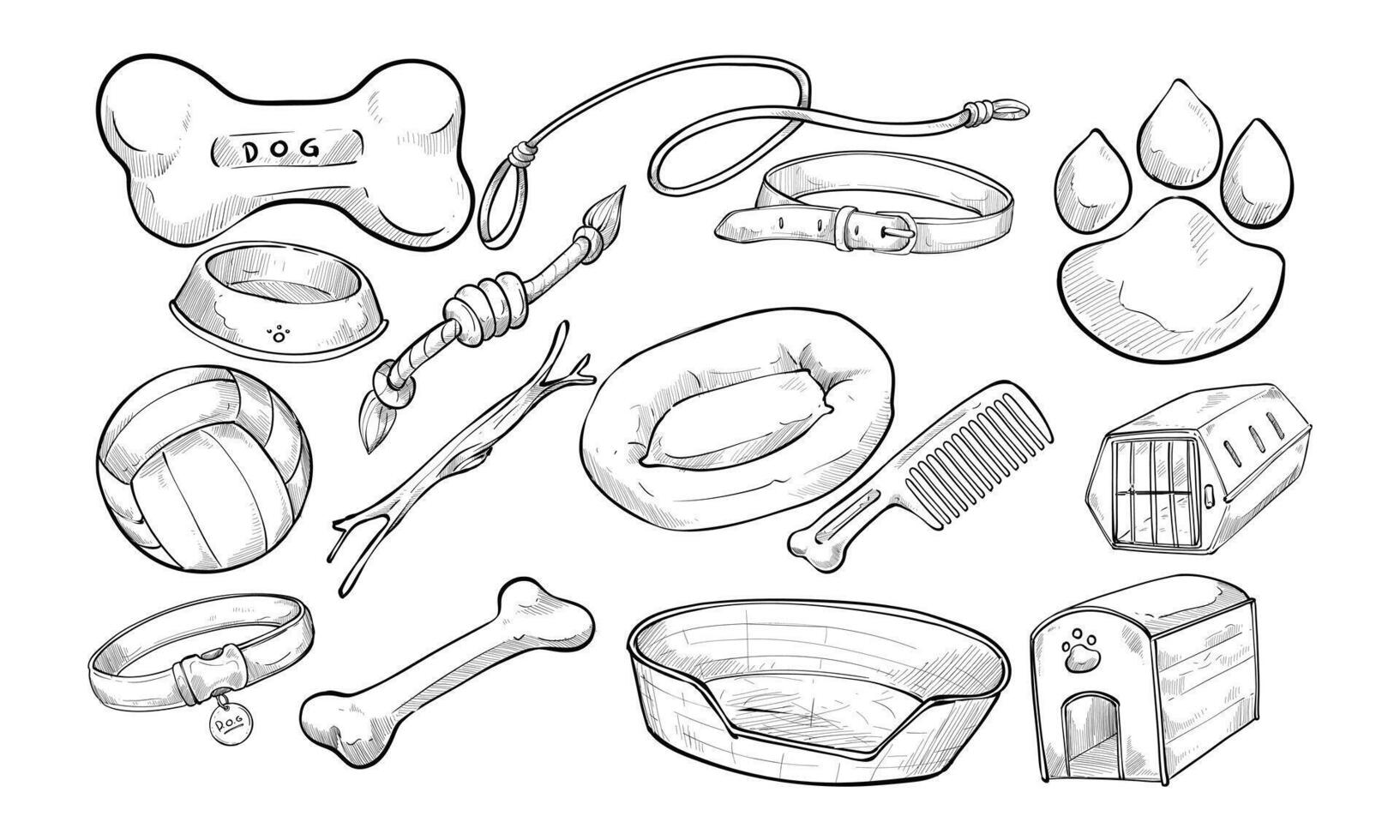 pet dog accessories handdrawn collection vector