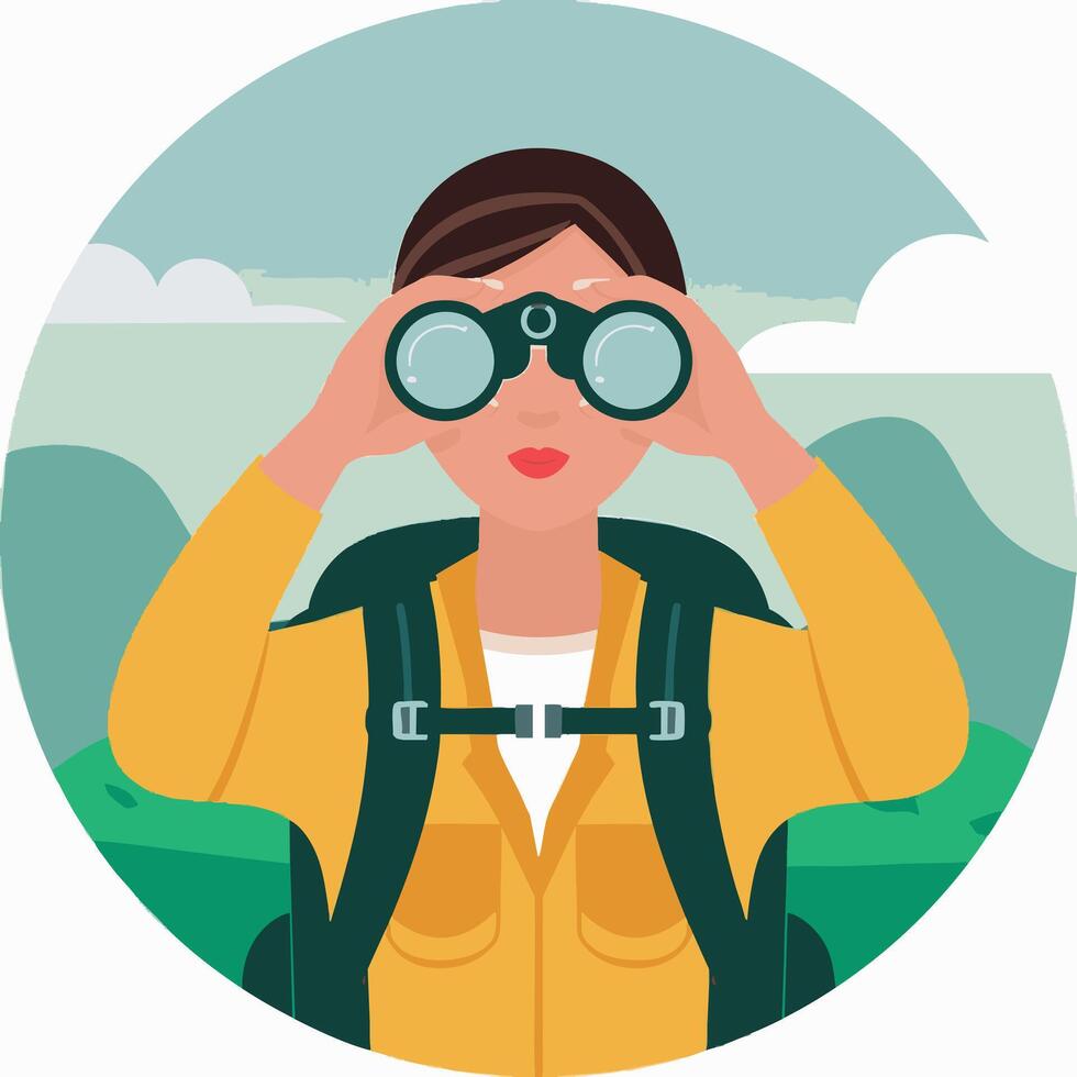 Backpacker using binoculars to scan the horizon vector