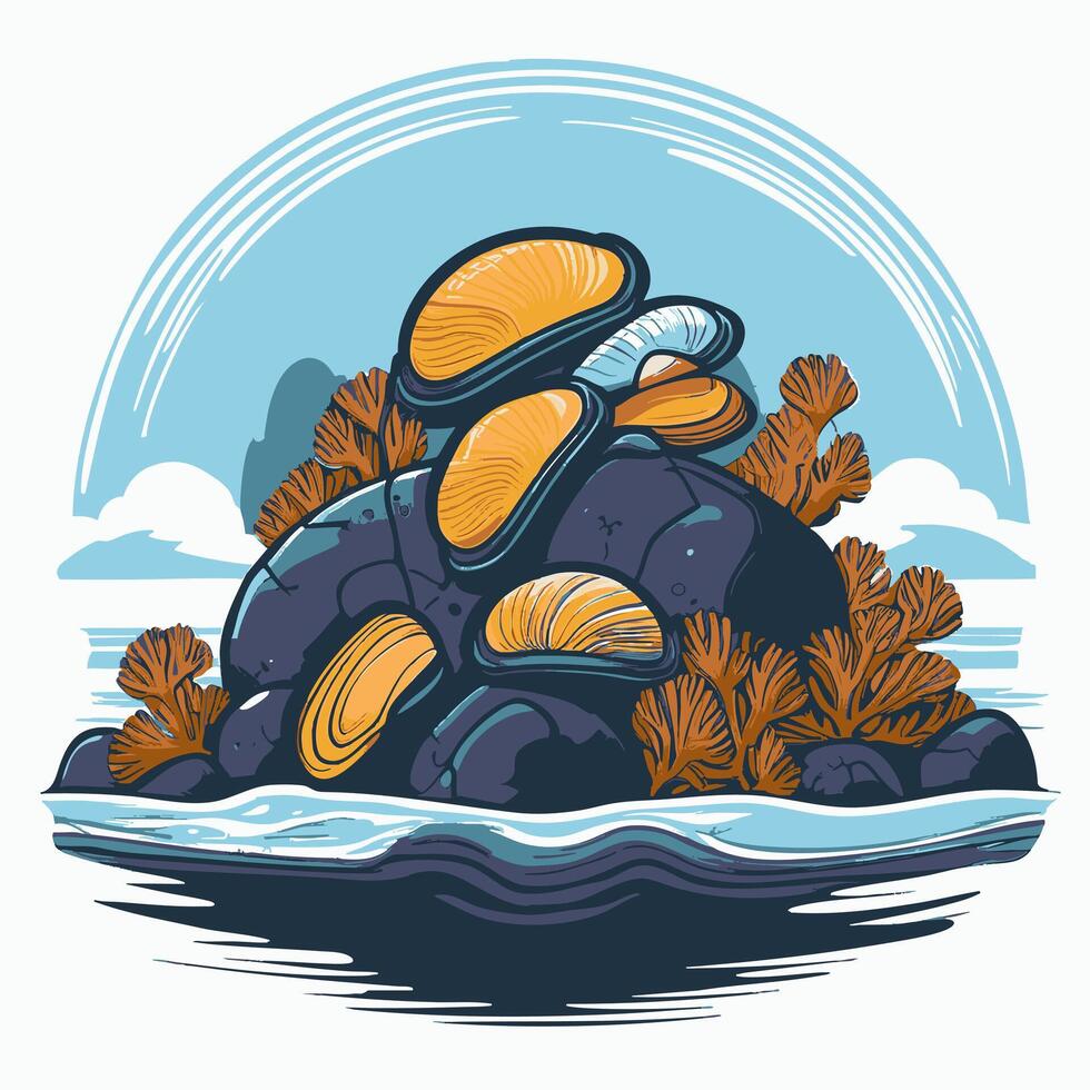 Barnacles and mussels clinging to ocean washed stones vector
