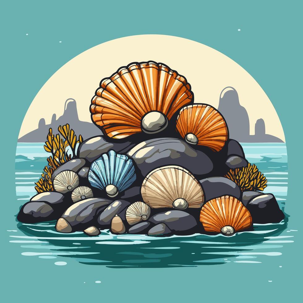 Barnacles and mussels clinging to ocean-washed stones vector