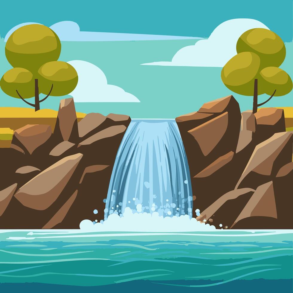 Coastal waterfall flowing over jagged rocks into the sea vector