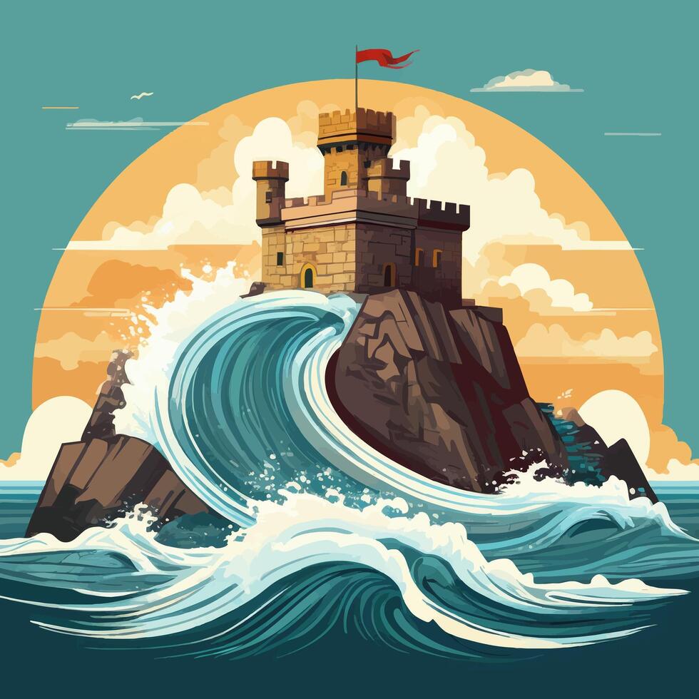 Fierce waves slamming into a rocky fortress vector