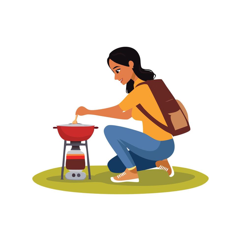 Backpacker cooking a meal on a portable stove at camp vector
