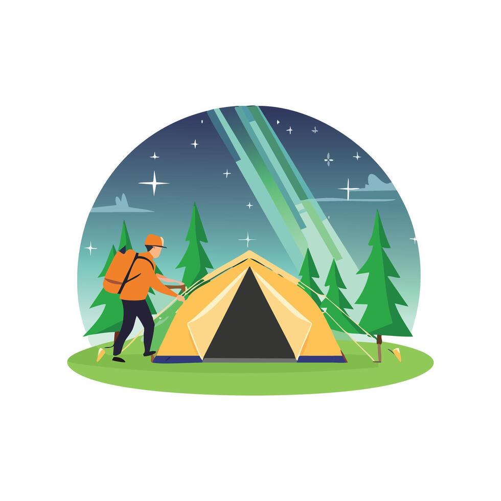Backpacker pitching a tent under the northern lights vector