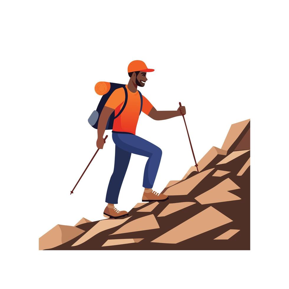 Hiker carefully across loose scree on a mountainside vector