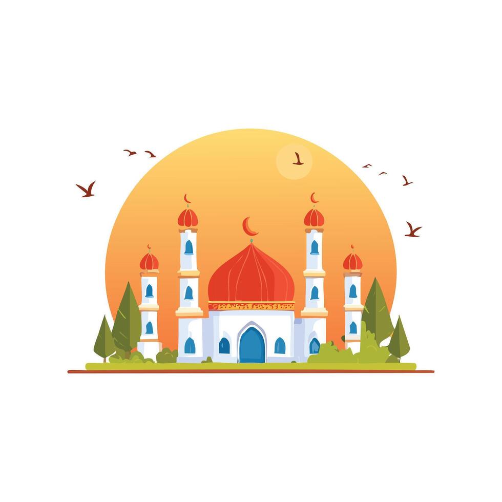 Mosque at sunrise with birds vector