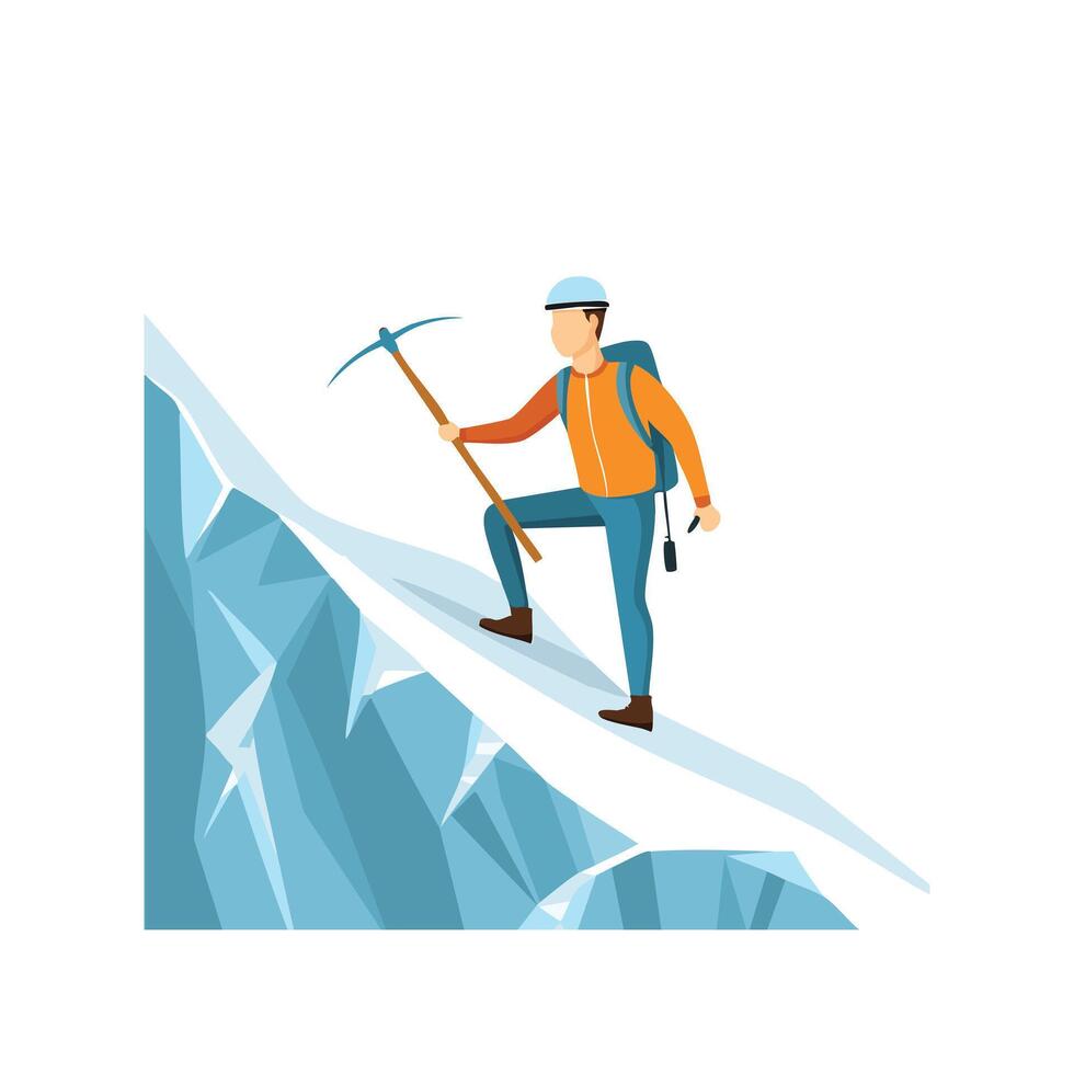 Mountaineer with an ice axe ascending a frozen slope vector