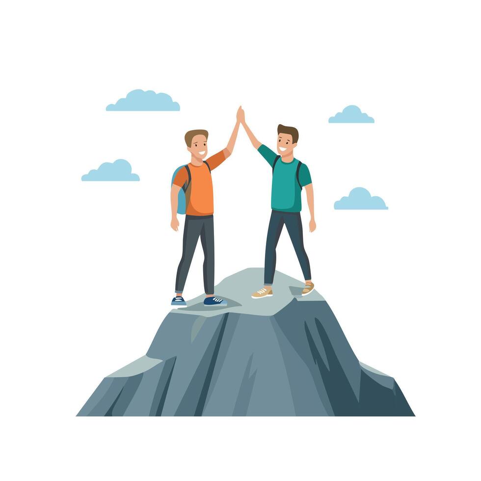 Two friends high-fiving at the summit of a rocky peak vector