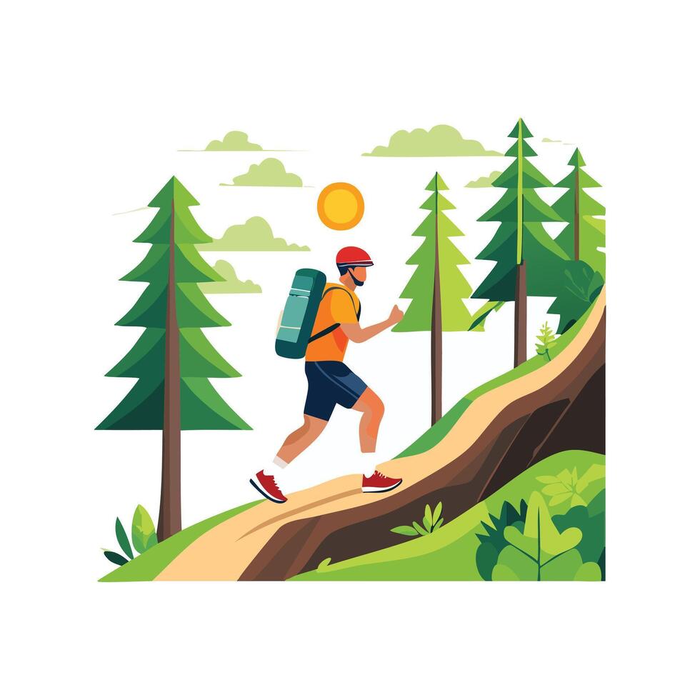 Trail runner navigating a steep forest vector