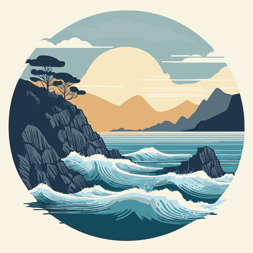 Fog rolling over a jagged coastal landscape vector