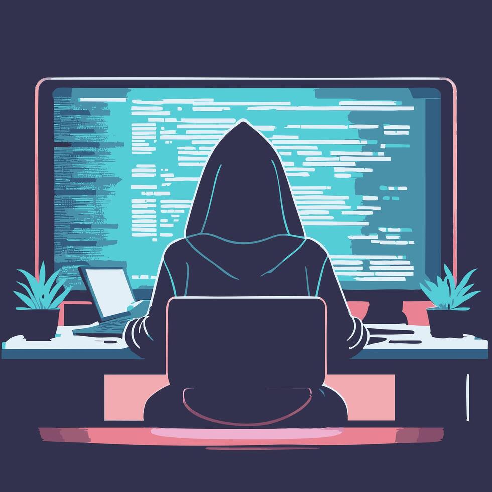 Hacker in a hoodie coding in a dim room vector