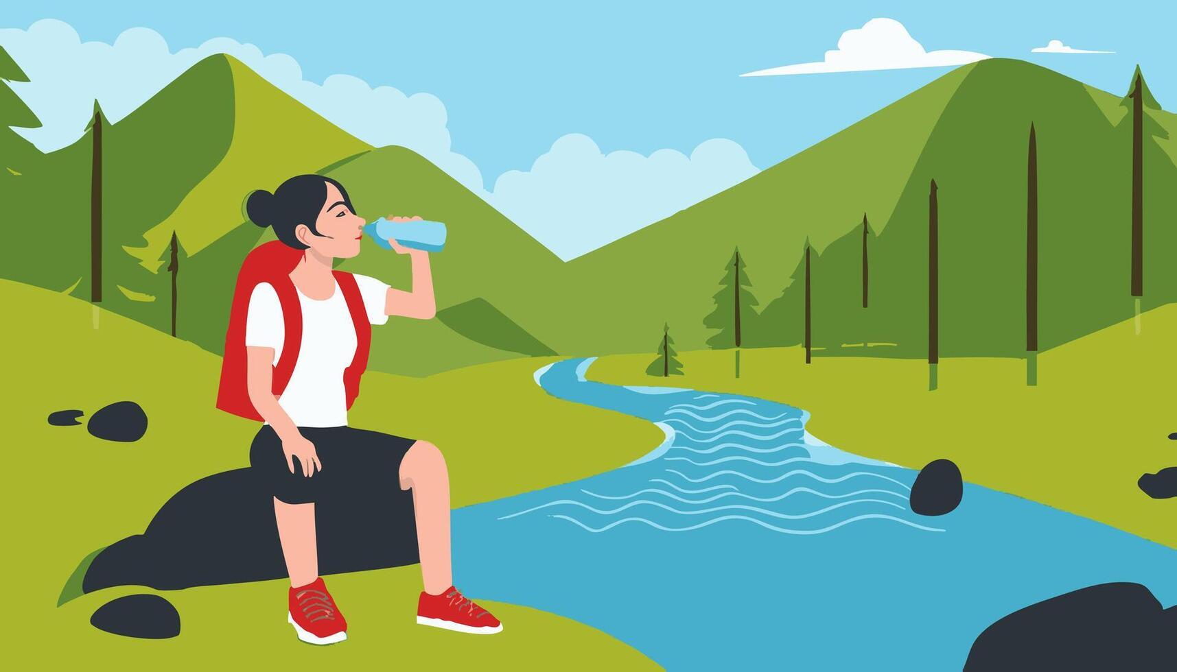 Hiker pausing to drink water near a mountain stream vector