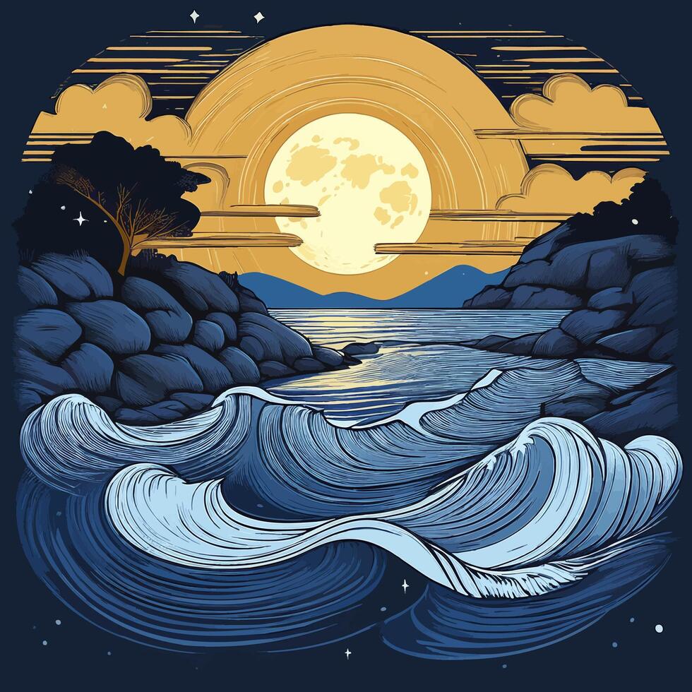Moonlit waves the rocky shore vector
