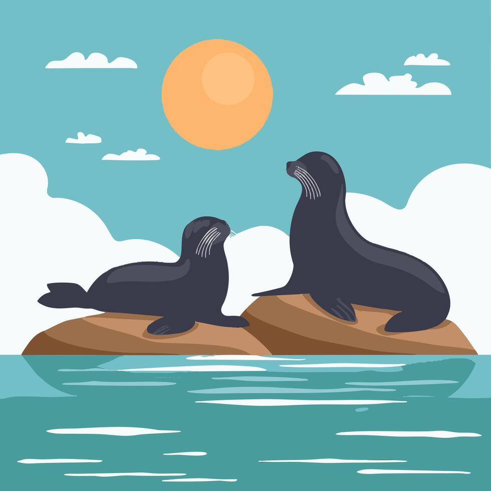 Seals basking on sun warmed coastal boulders vector