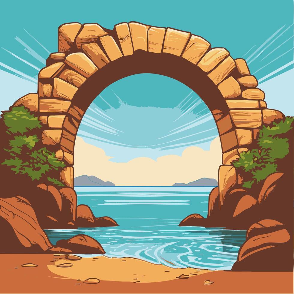 Rocky archway framing a distant ocean view vector