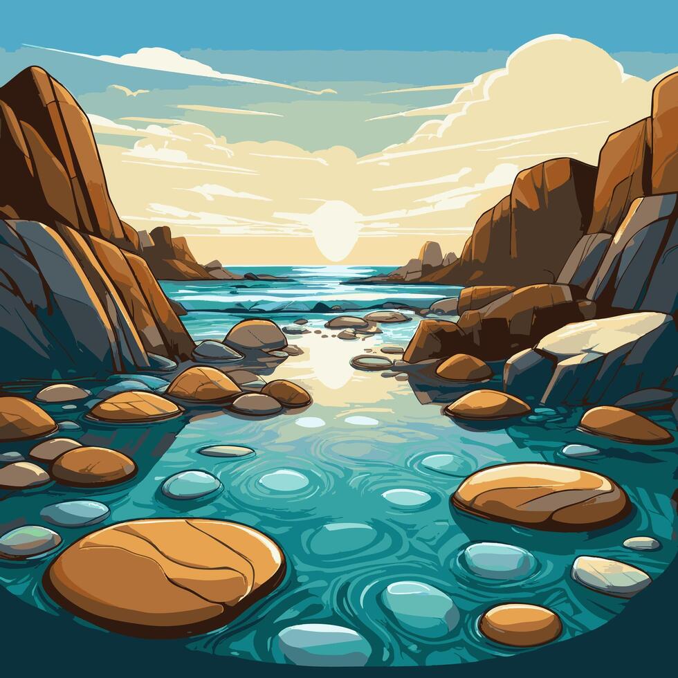 Shimmering tide pools among scattered boulders vector