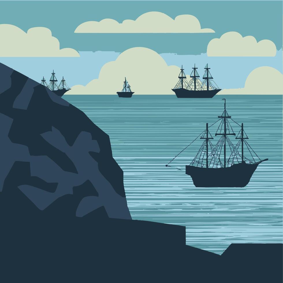Silhouettes of distant ships near a rocky coast vector