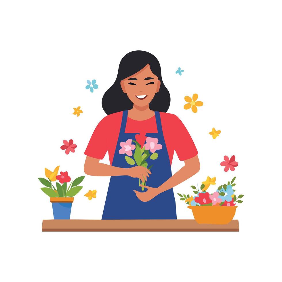 a Woman Florist Arranging a Flower Bouquet vector