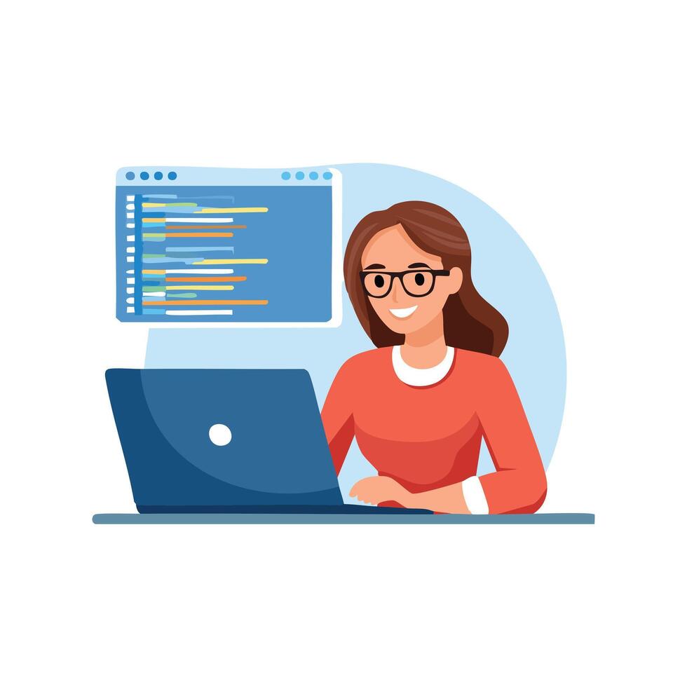 Woman Software Developer Coding on a Laptop vector