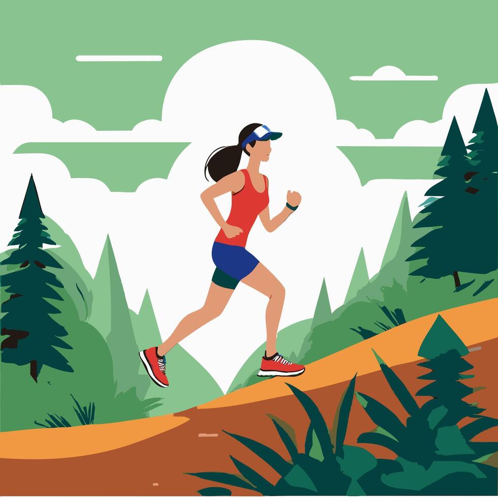 Trail runner navigating a steep forest incline vector