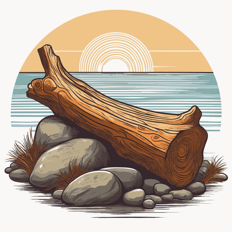 Sun bleached driftwood resting on coastal stones vector