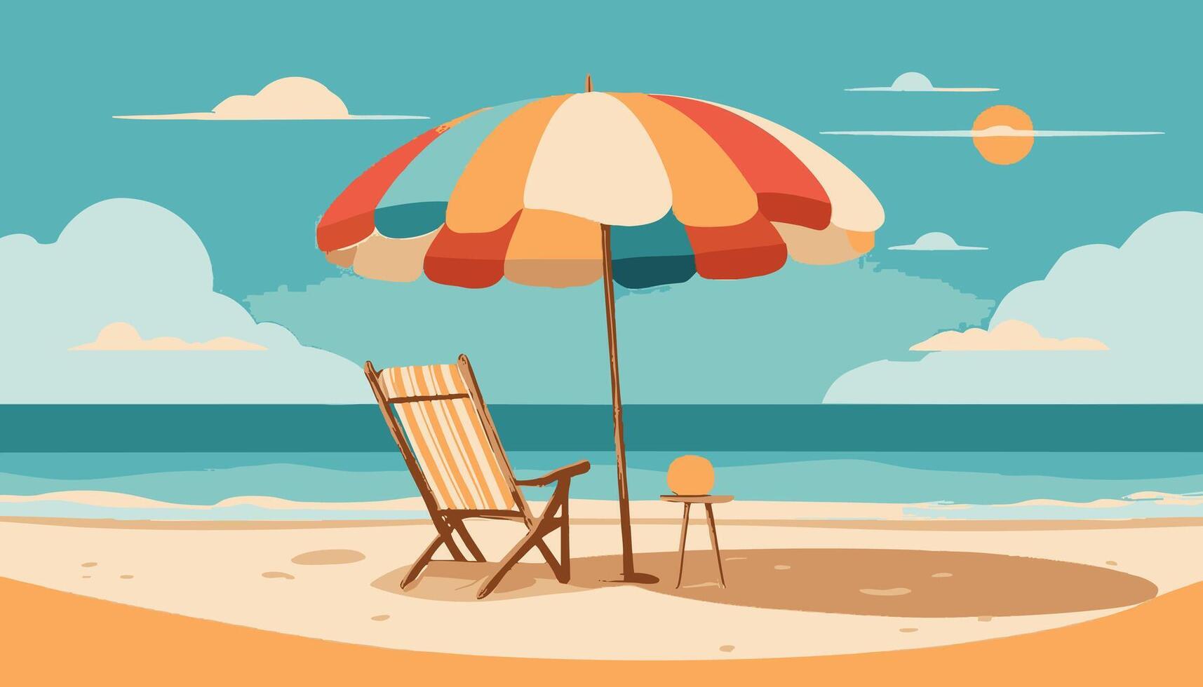 A beach umbrella and chair facing the sea vector