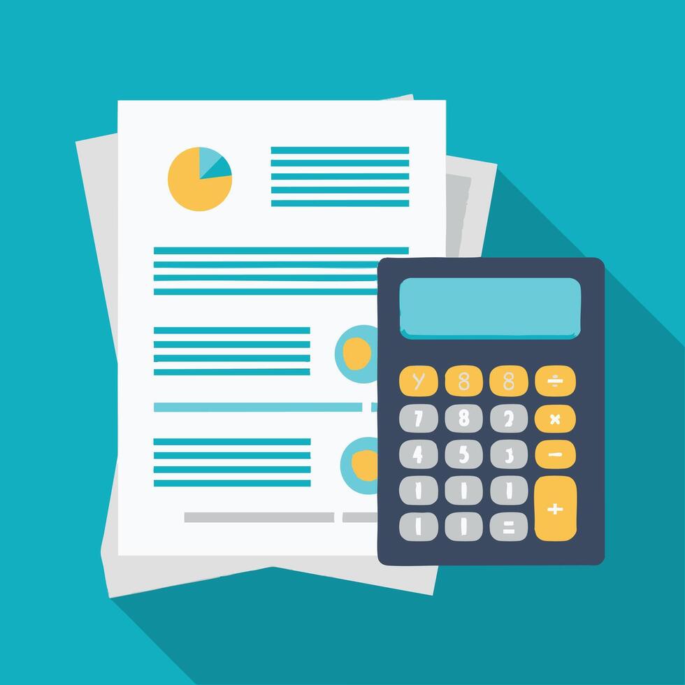 A calculator next to financial documents vector