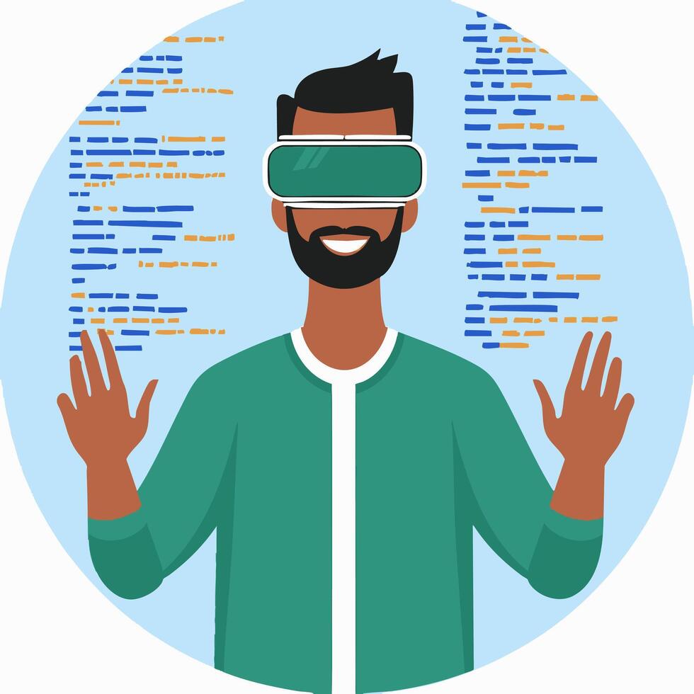 un desarrollador utilizando vr lentes a visualizar código vector