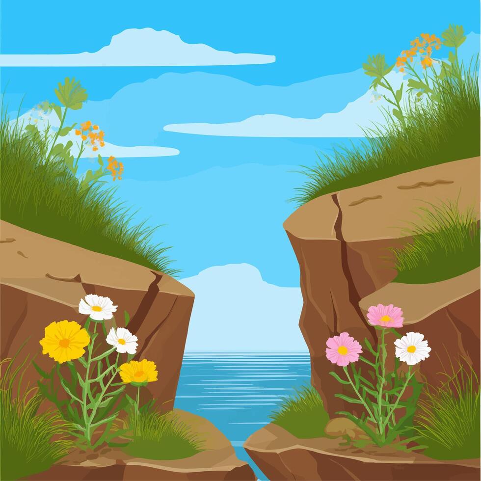 Wildflowers growing between cracks of seaside cliffs vector