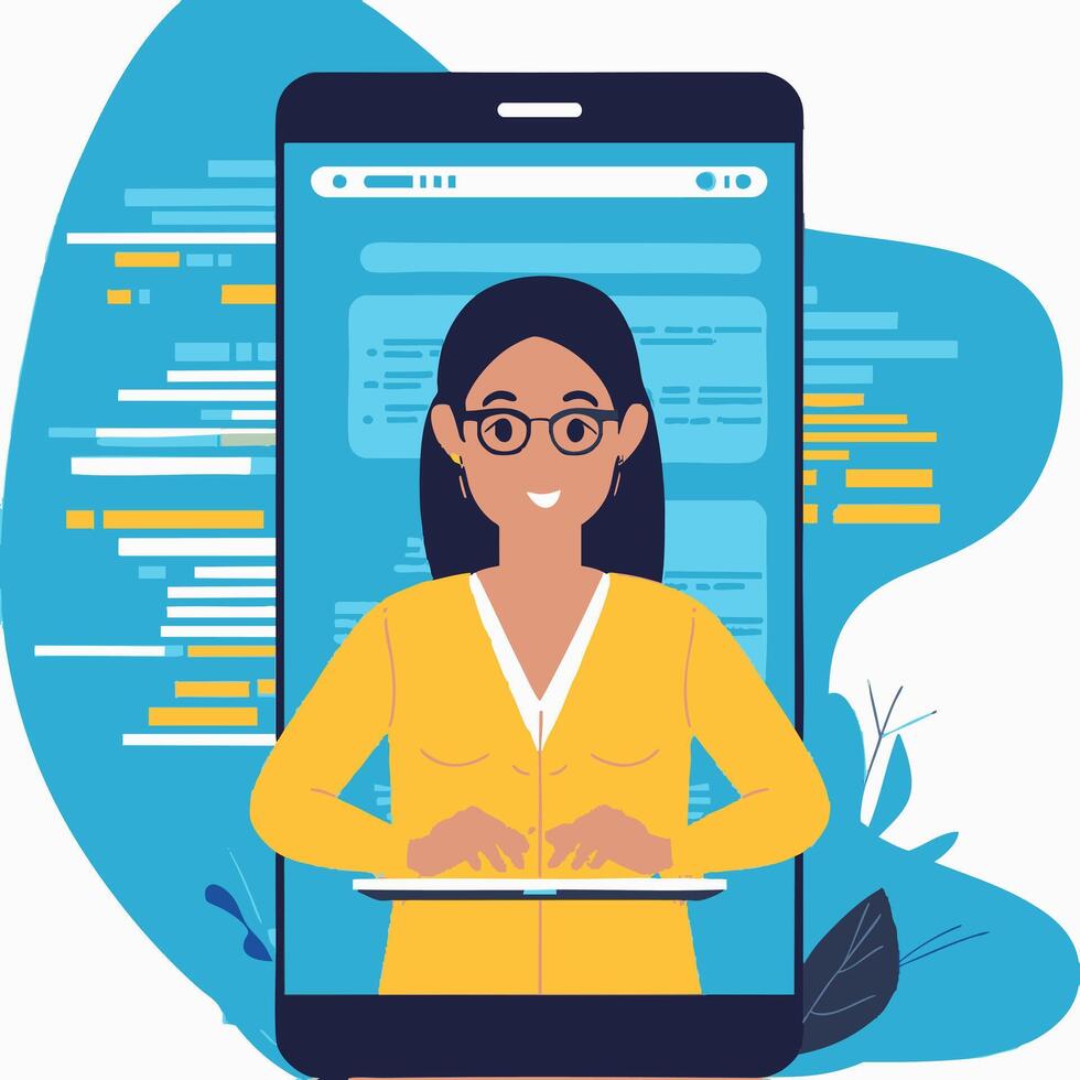 A person coding inside a giant smartphone screen vector