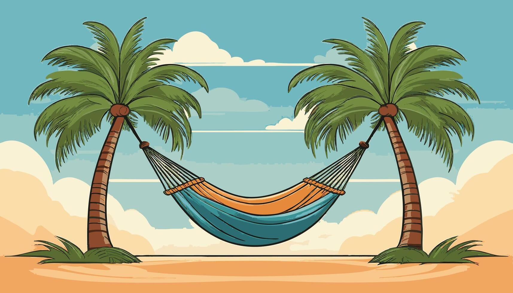 A hammock tied between two palm trees vector