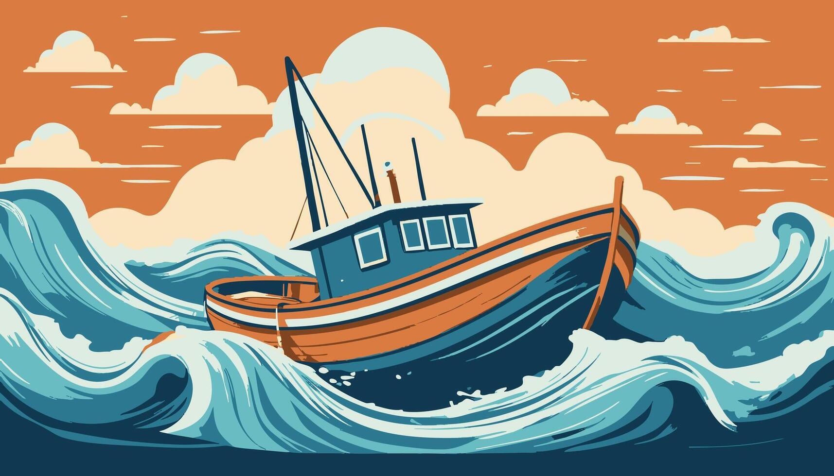 A small boat struggling in rough waters vector