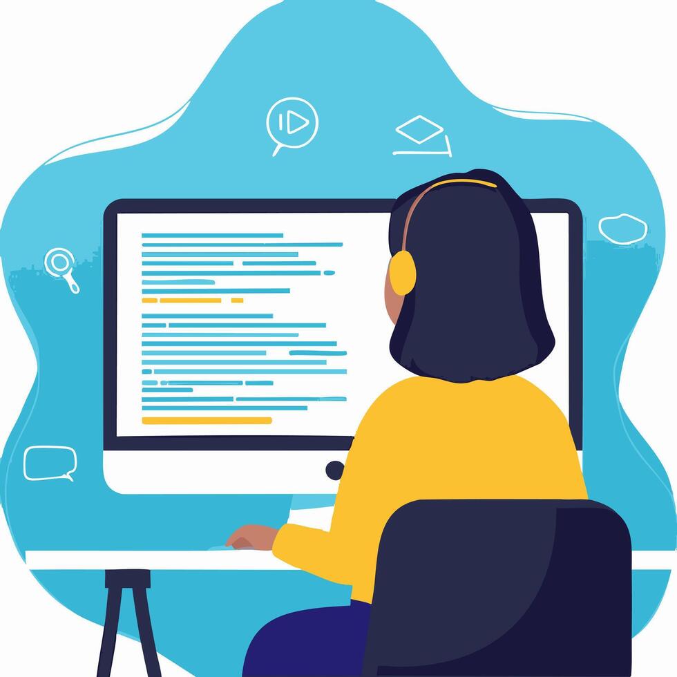 A student watching a coding tutorial on one screen vector